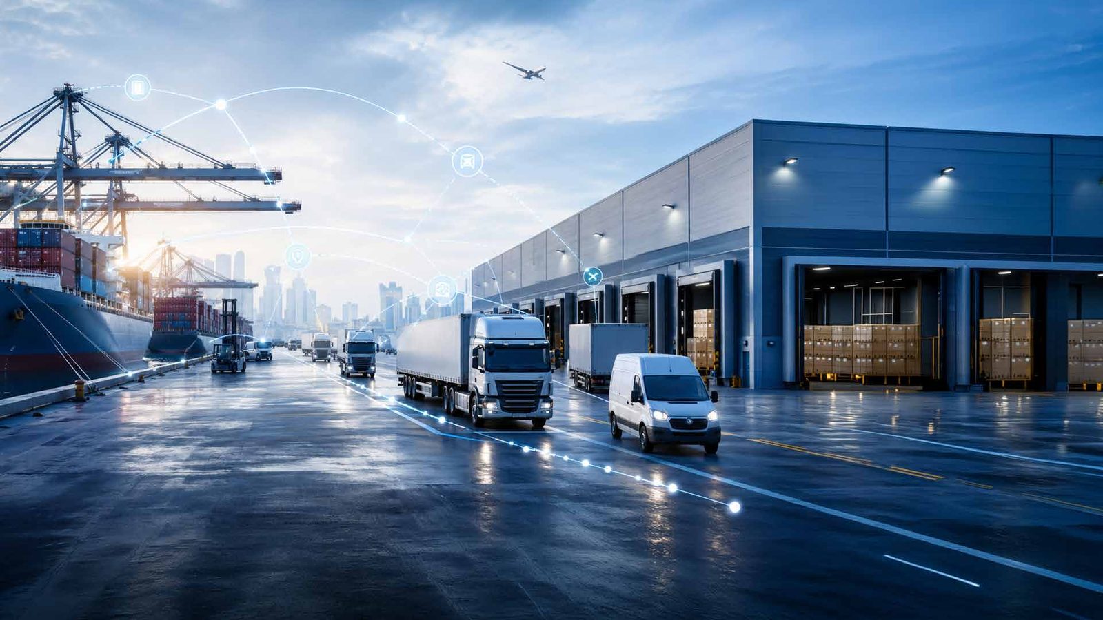 Trucks and vans moving between a port and a warehouse at a busy logistics hub