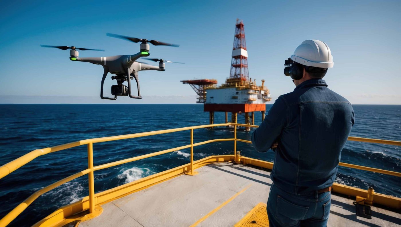 A delivery drone flying near an offshore platform over the sea