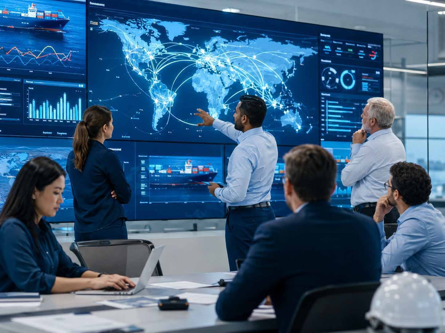A logistics team reviewing global shipping routes on large wall screens