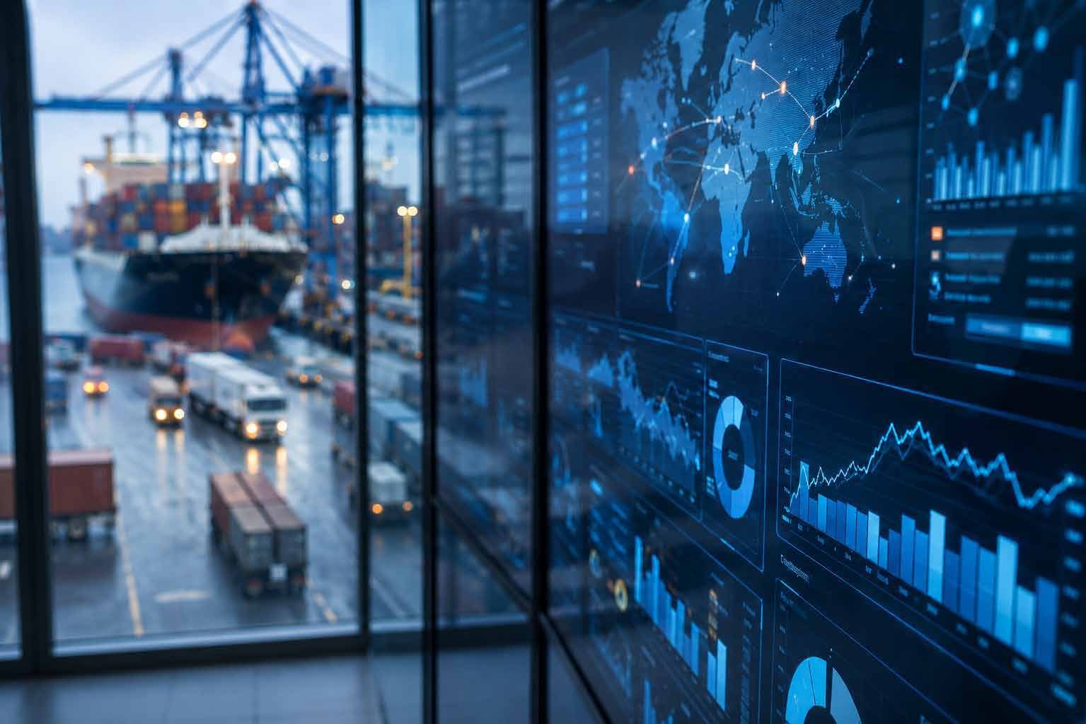 Logistics dashboards on a glass wall overlooking a busy container port