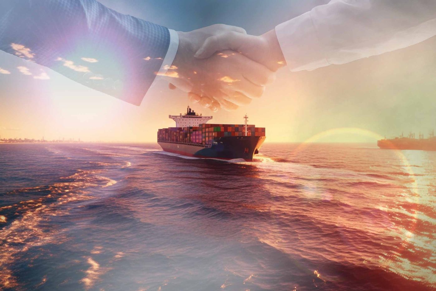 A handshake over a ship sailing at sunset, symbolizing partnership